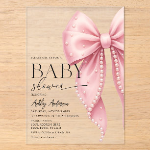Elegant Pearl Bow Girl Baby Shower Acrylic Invitations