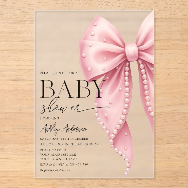 Elegant Pearl Bow Girl Baby Shower Acrylic Invitations (Front)