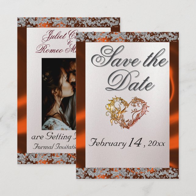 Elegant Pearl, Copper Ribbon & Sparkle Save The Date (Front/Back)