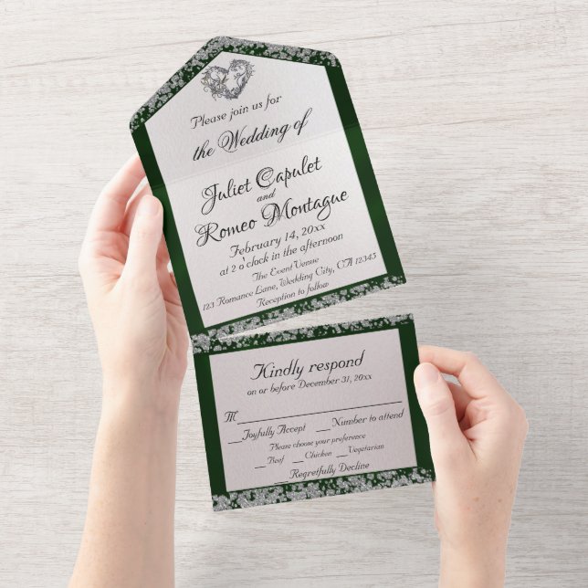 Elegant Pearl, Emerald Ribbon & Glitter Borders All In One Invitation (Tearaway)