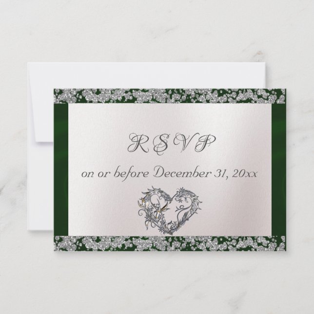 Elegant Pearl, Emerald Ribbon & Sparkle RSVP Card (Front)
