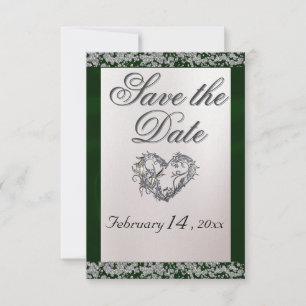 Elegant Pearl, Emerald Ribbon & Sparkle Save The Date