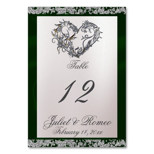 Elegant Pearl, Emerald Ribbon & Sparkle Table Number (Front)