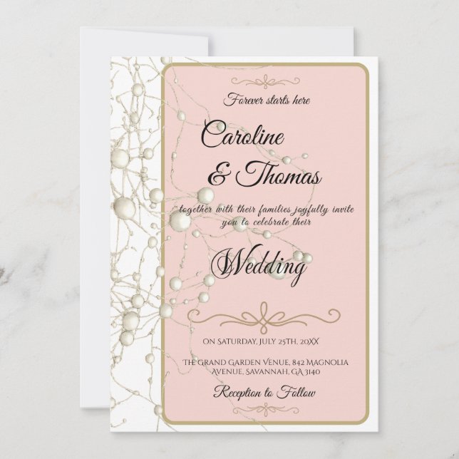 Elegant Pearl Gold Script Wedding Romantic Pearls Invitation (Front)