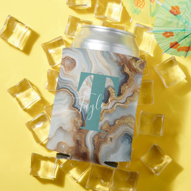Elegant Pearl Golden Agate Custom Monogram Can Cooler (In Situ Summer)