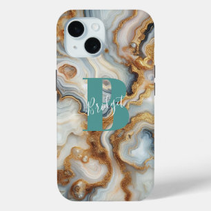 Elegant Pearl Golden Agate Custom Monogram iPhone 15 Case