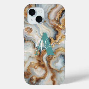 Elegant Pearl Golden Agate Custom Monogram iPhone 15 Case