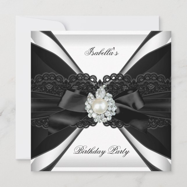 Elegant Pearl Jewel Black White Birthday Party Invitation (Front)