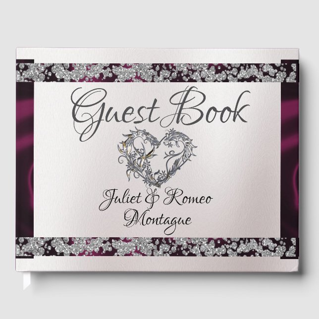Elegant Pearl, Purple Ribbon & Sparkle Guest Book (Front)