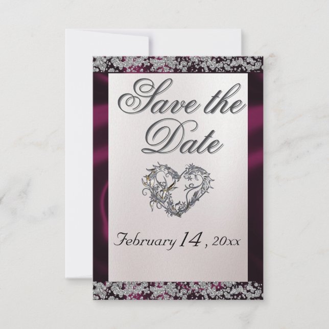 Elegant Pearl, Purple Ribbon & Sparkle Save The Date (Front)