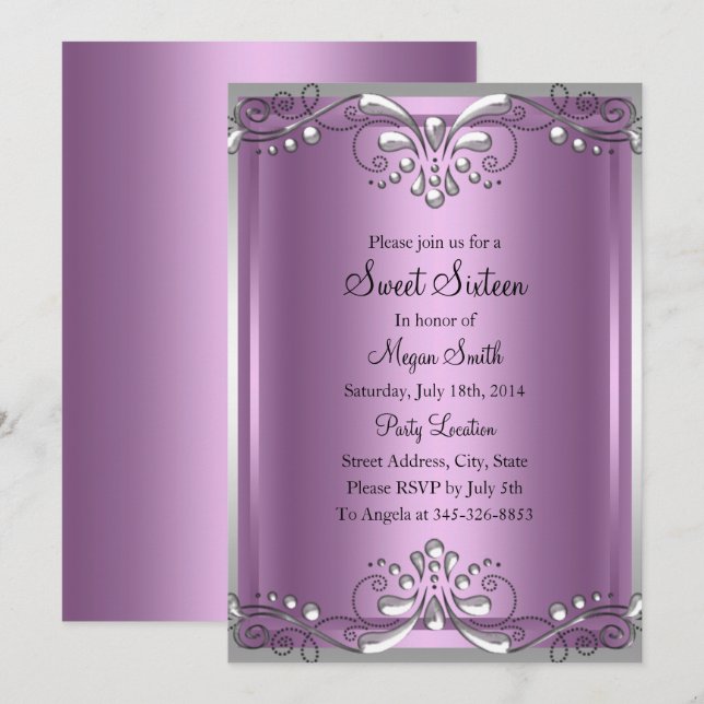 Elégant Pearl Purple Sweet sixteen Invitation (Devant / Derrière)