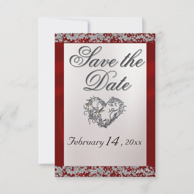 Elegant Pearl, Red Ribbon & Sparkle Save The Date (Front)