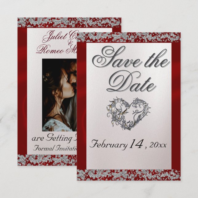 Elegant Pearl, Red Ribbon & Sparkle Save The Date (Front/Back)