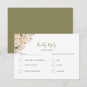 Elegant Pearl White and Ivory Rose Wedding RSVP Card