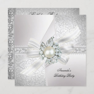 Elegant Pearl White Silver Birthday Party Invitation