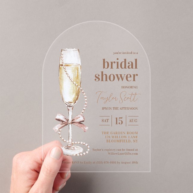 Elegant Pearls and Prosecco Arch Acrylic Invitations (Insitu (Handheld))