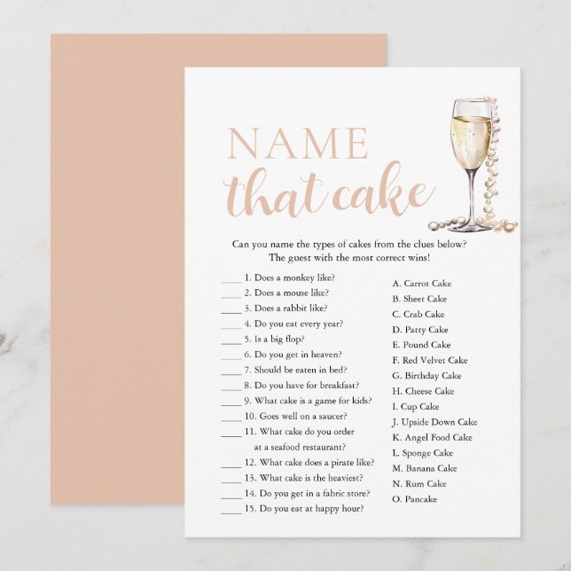 Elegant Pearls and Prosecco Name That Cake Game Invitation (Front/Back)