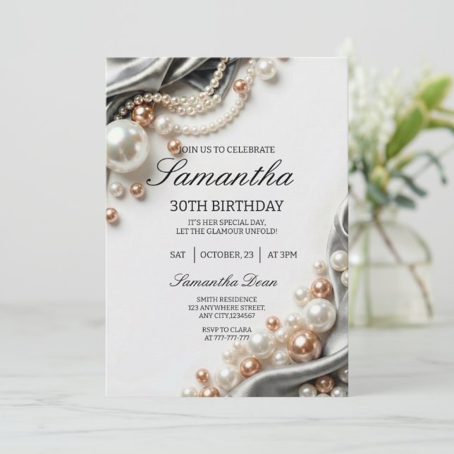 Elegant Pearls and Satin 30th Birthday Invitation (Debout devant)