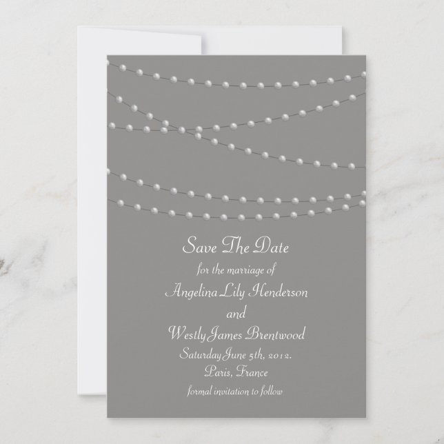Elegant Pearls on Grey Save the Date (Front)