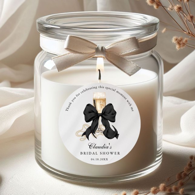 Elegant Pearls & Prosecco Black Bow Bridal Shower  Classic Round Sticker (Pearls and Prosseco Thank you bridal shower stickers)