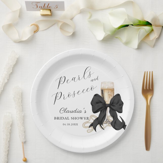 Elegant Pearls & Prosecco Black Bow Bridal Shower  Paper Plate (Wedding)