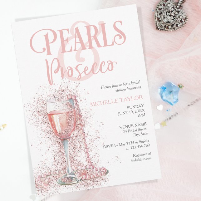 Elegant Pearls & Prosecco Boho Blush Pink Summer Invitation (Creator Uploaded)