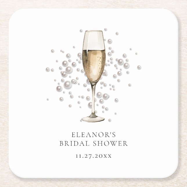 Elegant Pearls & Prosecco Bridal Shower Square Paper Coaster (Front)