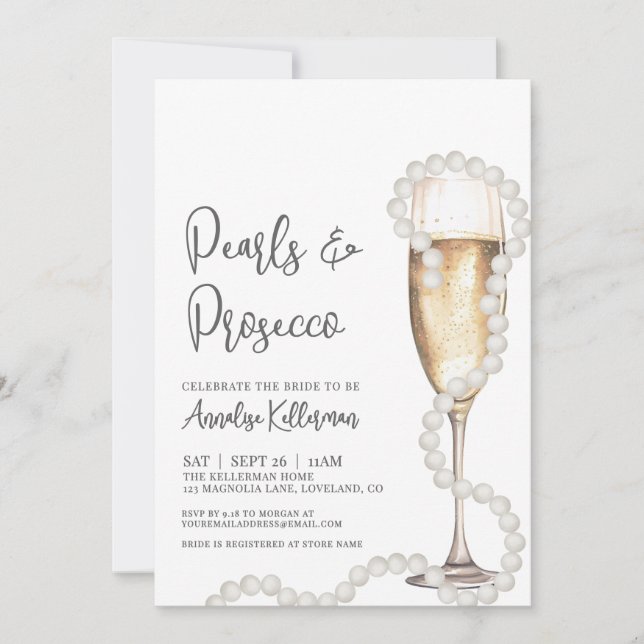 Elegant Pearls & Prosecco Champagne Bridal Shower Invitation (Front)
