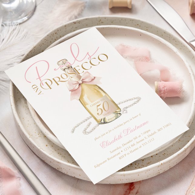 Elegant Pearls & Prosecco Pink Bow 50th Birthday Invitation (Elegant Pearls & Prosecco Pink Bow 50th Birthday Invitation)