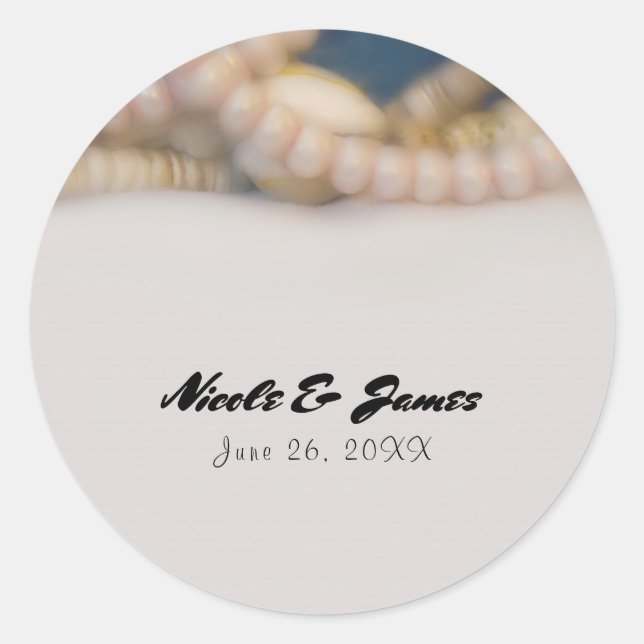 Elegant Pearls & Sea Shells Beach Wedding Favour Classic Round Sticker (Front)