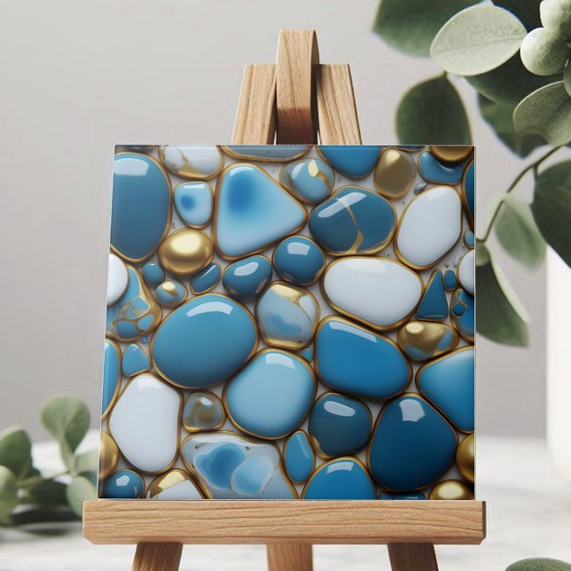 Elegant Pebbles with Blue White and Gold Accents Tile (Creator Uploaded)