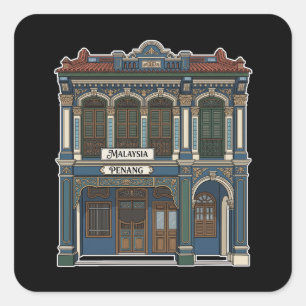 Elegant Penang Malaysia Shophouse Facade Drawing Square Sticker