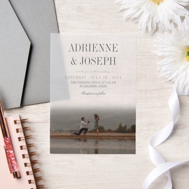Elegant Pencil Grey Text Photo Wedding Vellum Invitations (Wedding)