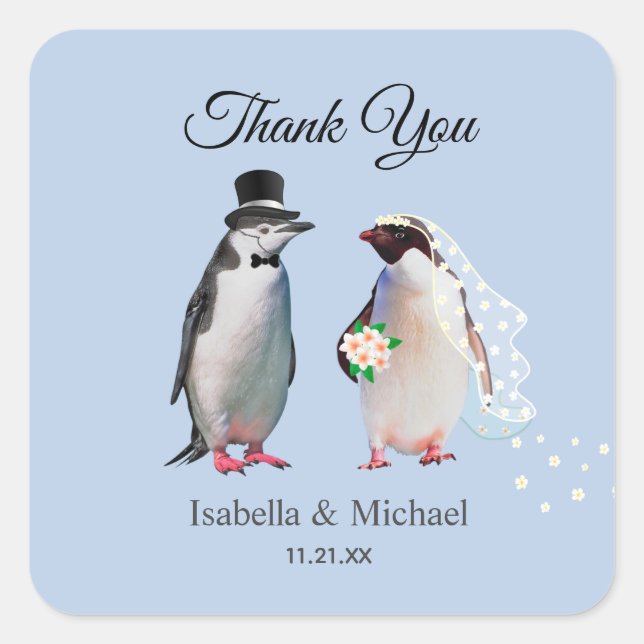 Elegant Penguin Couple Thank You Wedding  Classic  Square Sticker (Front)