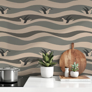 Elegant Penguins in Monochrome Waves Grey & Beige Wallpaper