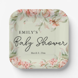 Elegant peonies floral Baby in Bloom Baby Shower Paper Plate