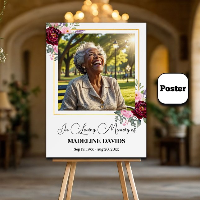 Elegant Peonies Gold Frame Photo Funeral  Poster (Creator Uploaded)