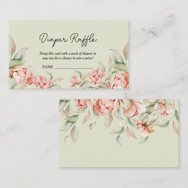 Elegant peonies green Baby Shower Diaper Raffle Enclosure Card (Front/Back)
