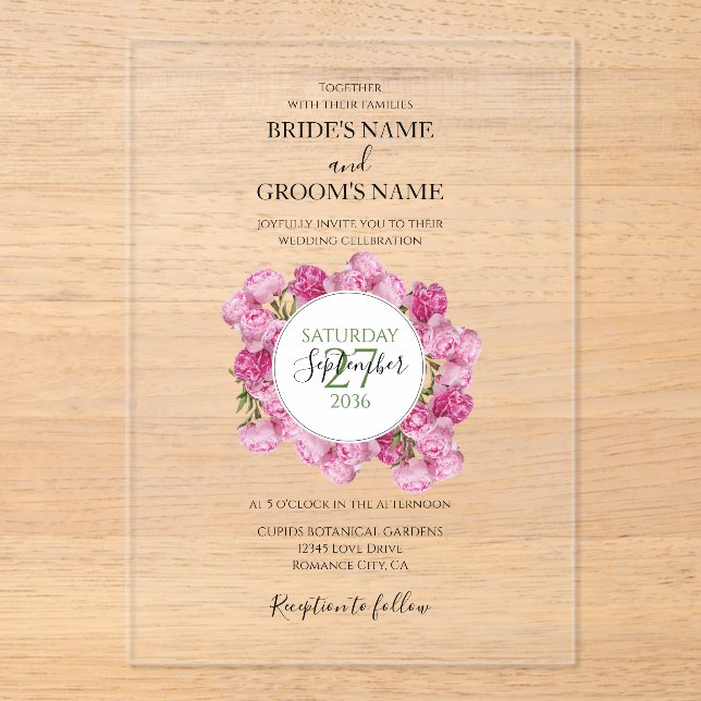 Elégant Peonies roses Invitations de mariage (Recto)