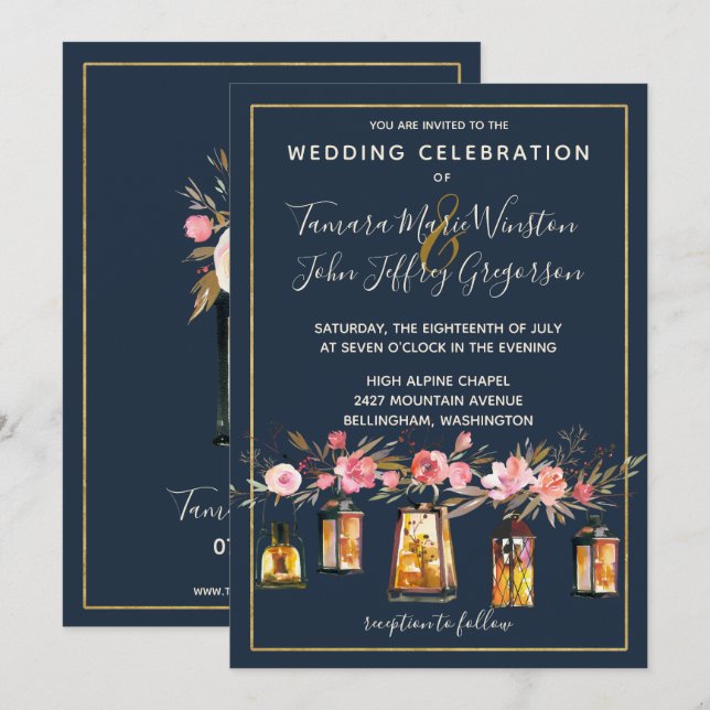 Elegant Peonies Rustic Lanterns Navy Coral Floral Invitation (Front/Back)