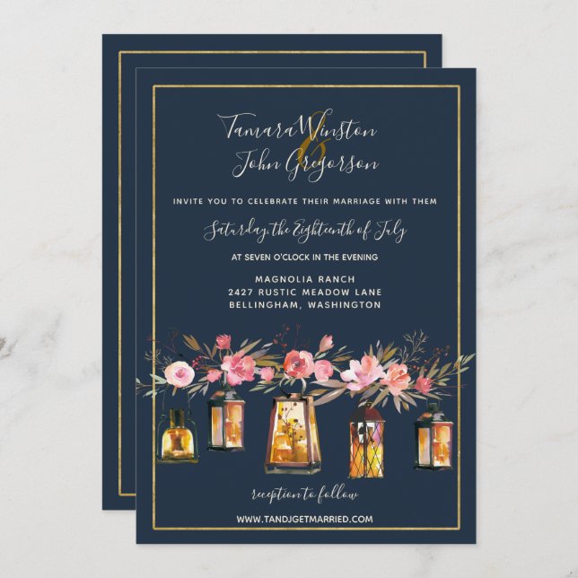 Elegant Peonies Rustic Lanterns Navy Coral Wedding Invitation (Front/Back)