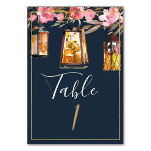 Elegant Peonies Rustic Lanterns Navy Coral Wedding Table Number