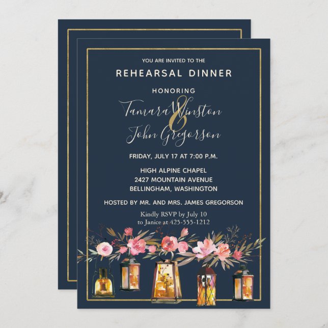 Elegant Peonies Rustic String Lights Navy Coral Invitation (Front/Back)