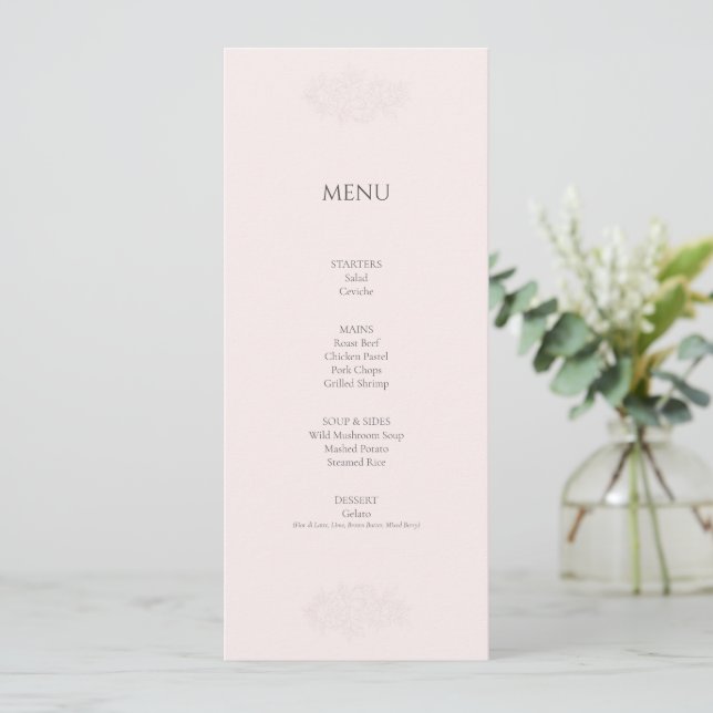 Elegant Peony Blush Pink Dinner Menu Ca (Standing Front)