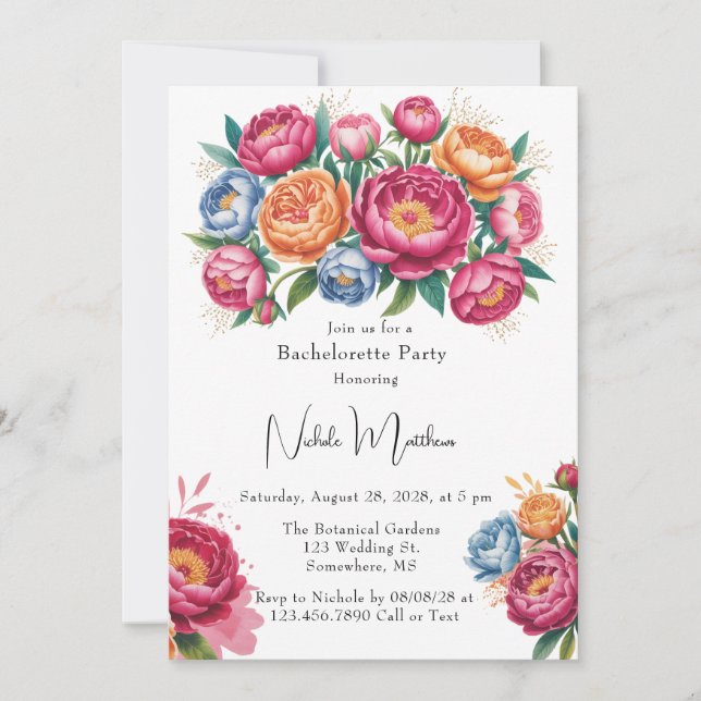 Elegant Peony Bouquet Bachelorette Party Invitation (Front)