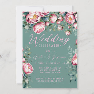 Elegant Peony Bouquet In Watercolor Wedding  Invitation