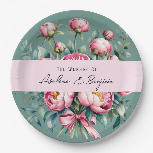 Elegant Peony Bouquet in Watercolor Wedding Paper Plate (Front)