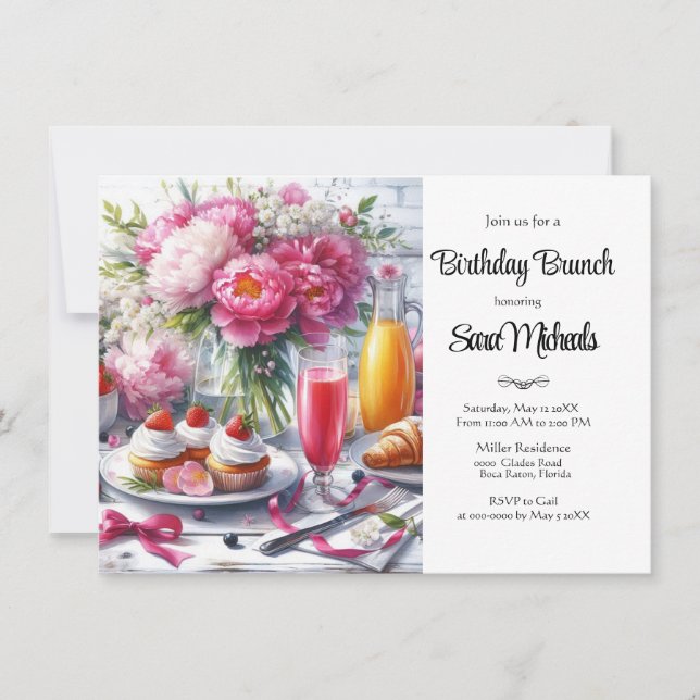 Elegant Peony Floral Birthday Brunch Invitation (Front)