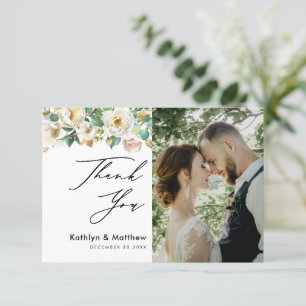 Elegant Peony Floral Greenery Script Photo Wedding Thank You Card