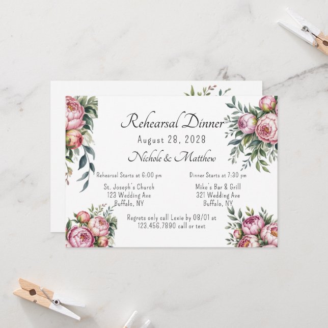 Elegant Peony Floral Wedding Rehearsal Dinner Invitation (Front/Back In Situ)